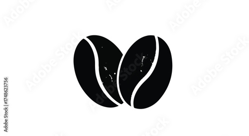 Two dark roasted coffee beans arranged closely together on a clean white background