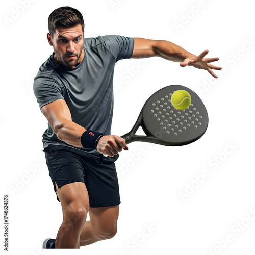 man hitting padel ball with racket on black background