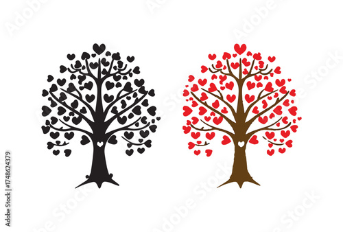 Elegant vector illustration of stylized love trees with heart-shaped leaves, beautifully symbolizing growth, family unity, and romantic connection, ideal for heartfelt design.
