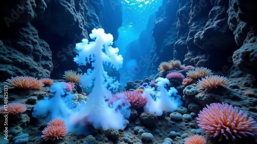Bioluminescent Vapor Flows Around Coral in an Underwater Cavern with Shimmering Light
