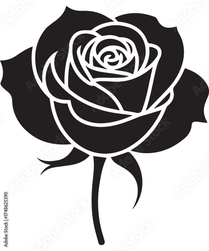 Black Silhouette of a Rose Flower Head white