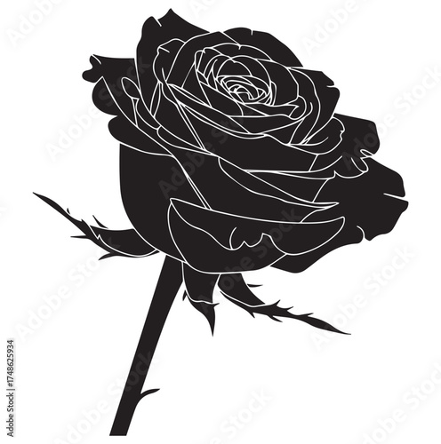Black silhouette of a rose with leaves and thorns flower