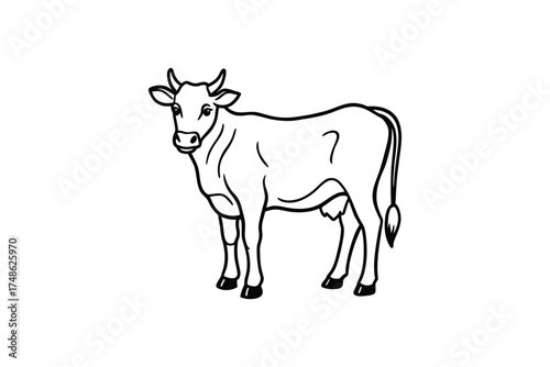 Simple black and white drawing of a standing cow detailed silhouette