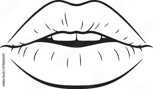 Black and white line art illustration of human lips with teeth showing on a white background mouth face white background and transparent background