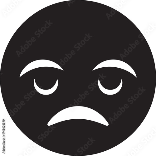 Black silhouette of a sad or unhappy emoji face with downturned eyes and mouth on a white background white background and transparent background