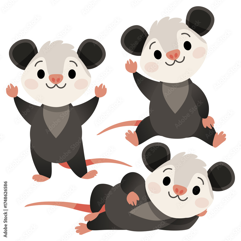 Naklejka premium A set of cartoon smiling cute possums in different poses