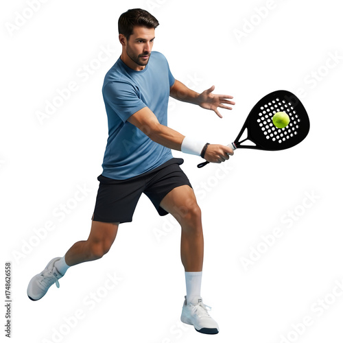 man playing padel tennis isolated on black background