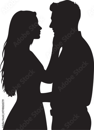 Silhouette of a Couple Embracing and Looking at Each Other on White Background Keywords: couple, silhouette, embrace, love, romance, relationship, white background and transparent background