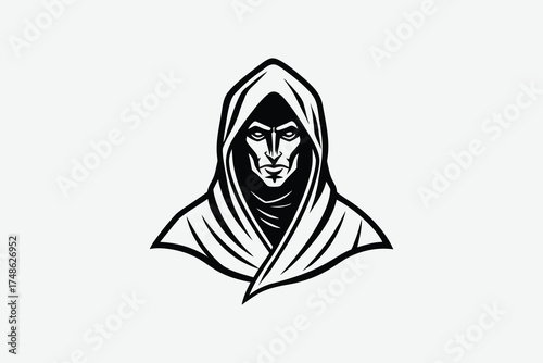 Intricate hooded figure design with a striking facial feature silhouette