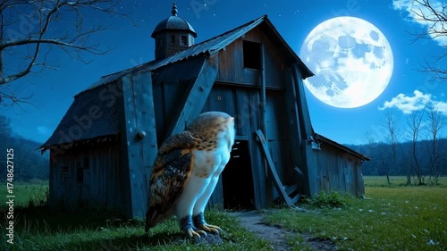 Barn Owl Face in Moonlit Barn: Mysterious Blue Light and Soft Hoot