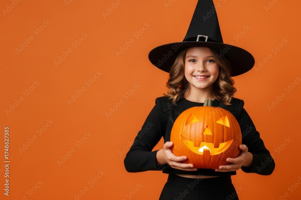 Fototapeta premium Little smiling caucasian girl dressed as a witch holding a carved pumpkin on orange background. Design template for Happy Halloween celebration and holiday party with copy space