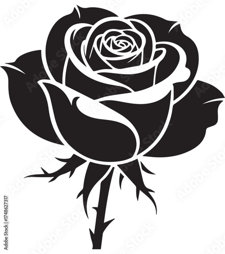 Black Silhouette of a Rose Flower Head black and white