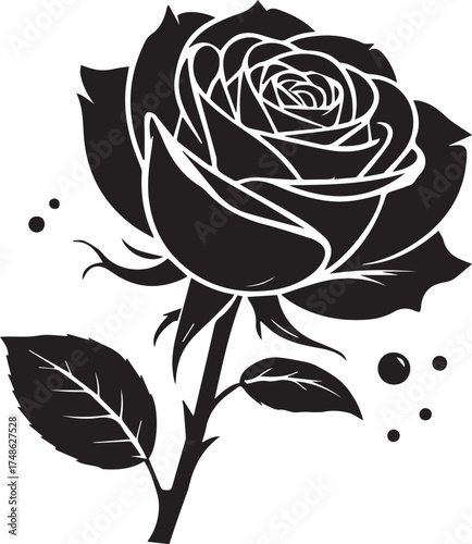 Black and White Line Art Rose with Leaves