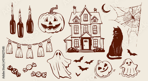 Collection of hand drawn Halloween elements. Pumpkin, black cat, haunted house, bats, candies, candles, decoration and ghost. Detailed vector illustration set. Seasonal design. Trick or treat drawings