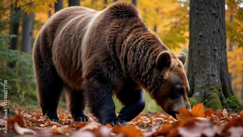 Bear Foraging in Autumn Forest: Sniffing Ground in Dappled Sunlight