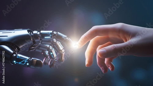 Robot hand and human finger touching futuristic technology concept