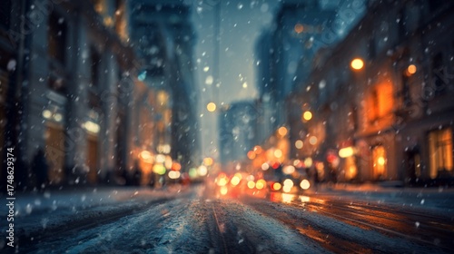 Winter night in a bustling city as snowflakes gracefully fall, creating a magical atmosphere. The vibrant lights of the streets reflect off the wet pavement, enhancing the enchanting scene.