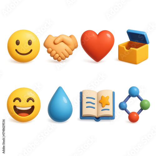 3D Emotional Icons. Emotional appeal set of icons in 3D color style: smiling face, handshake, heart symbol, surprise box, laughter emoji, tear drop,