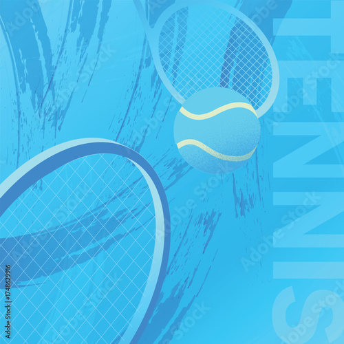 Tennis tournament, international competition poster, flat design, gradient, rackets, ball, abstract brushstroke background. Racquet sports championship, tennis club decor, sports accessories, hobbies