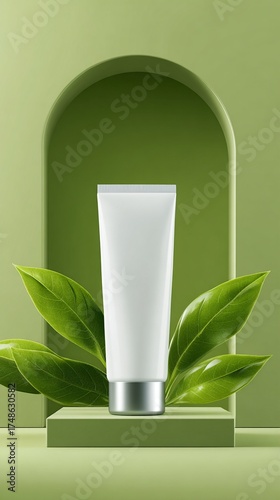 Wallpaper Mural Minimalist green beauty product display featuring a white cosmetic tube nestled among vibrant leaves, showcasing natural skincare essence in a serene, architectural setting Torontodigital.ca