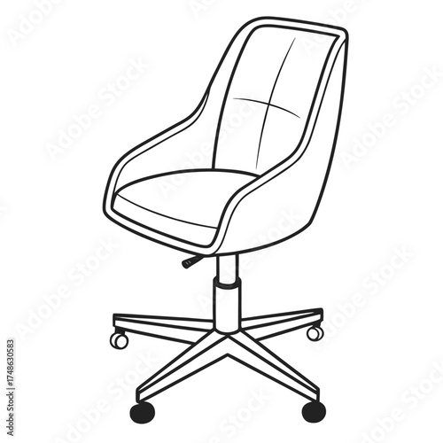 Simple Line Drawing of a Modern Office Swivel Chair with Wheels Keywords: office chair, swivel chair, desk chair, furniture, interior