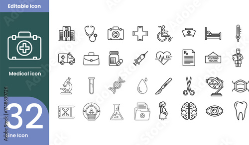 Medical and Healthcare Line Icons Set. Editable Stroke Vector Symbols for Hospital, Doctor, Medicine, Treatment, Pharmacy, and Health Concepts.