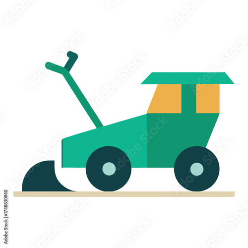 Green snow plow machine with orange windows and black wheels