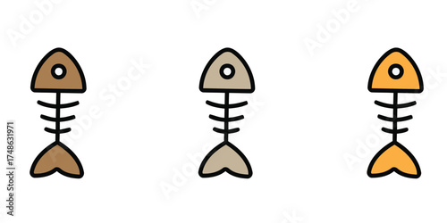Set of three stylized fish bone or fish skeleton icons in different colors. Ideal for designs related to fishing, seafood, cooking, anatomy, cat food, or warning/hazard symbols.