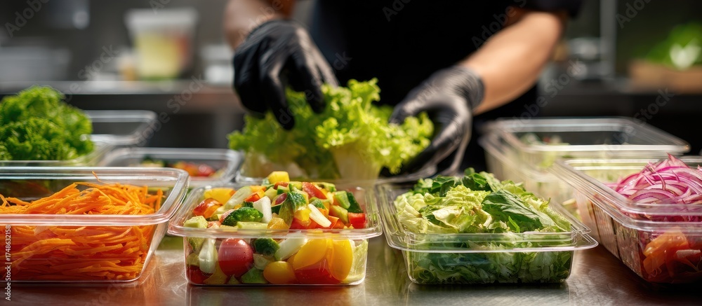 Obraz premium A chef preparing fresh salad ingredients, with various vegetables in transparent containers ready