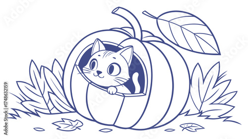 Playful Cat Peeking from Pumpkin, Fall Scene, Illustration, Whimsical Setting, Charming Viewpoint