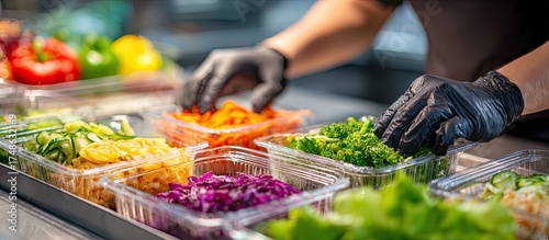 Panel kuchenny z motywem Close-up of gloved hands preparing fresh vegetables in a row of containers in a commercial kitchen