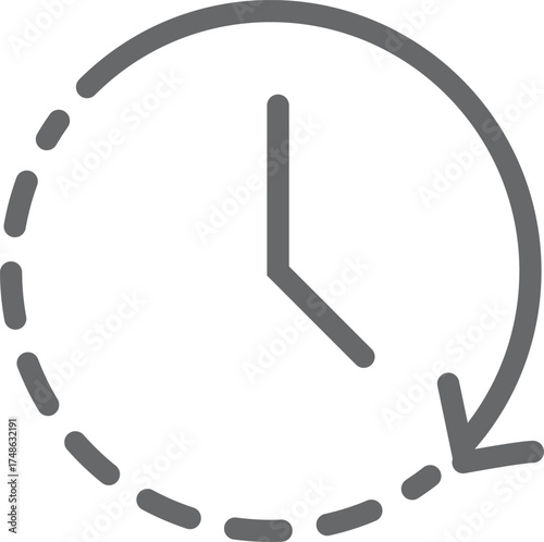 Simple hand drawn clock icon with arrow indicating time passing or deadline approaching. 