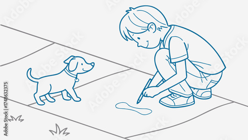 Child Drawing on Sidewalk with Puppy, Fun Outdoor Activity, Playful Environment, Illustration