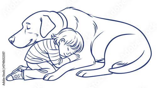 Heartwarming Illustration of a Child Sleeping with a Dog in a Cozy Environment