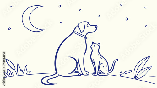 Dog and Cat Under Starry Sky - Illustration - Cozy Environment
