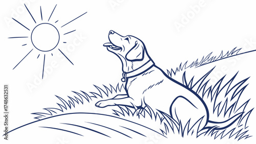 Dog Enjoying Sunshine in Nature Illustration, Relaxing on Grass, Peaceful Environment, Vector Art