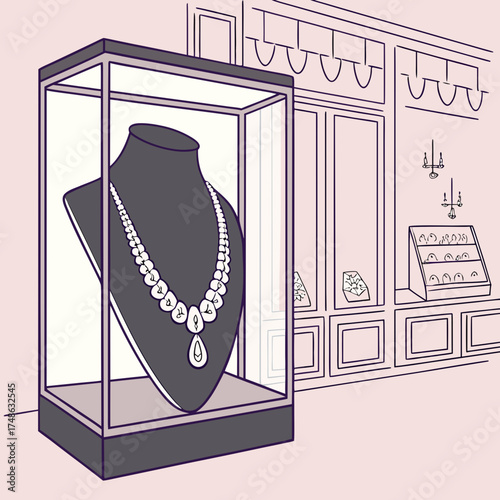 Elegant pearl necklace displayed in luxury jewelry store window, showcasing timeless beauty and exquisite craftsmanship for discerning customers