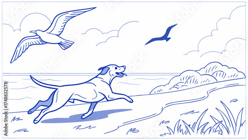 Dog Running on Beach, Coastal Landscape, Illustration, Vibrant Sky, Playful Atmosphere