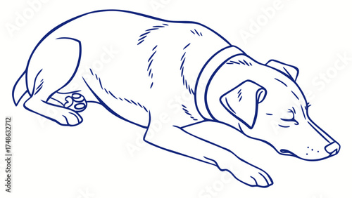 A Blue Line Vector of a Sleeping Dog in a Cozy Room