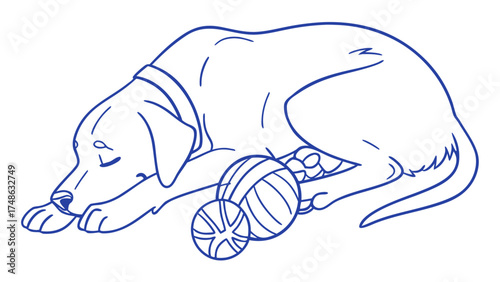Playful Dog Resting with Toys in Cozy Home Environment - Blue Line Illustration
