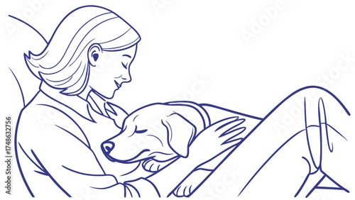 Dog Resting on Owner's Lap, Illustration, Cozy Home Environment, Tender Emotions