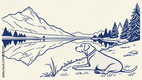 Dog Relaxing by Tranquil Lake in Nature Landscape Illustration