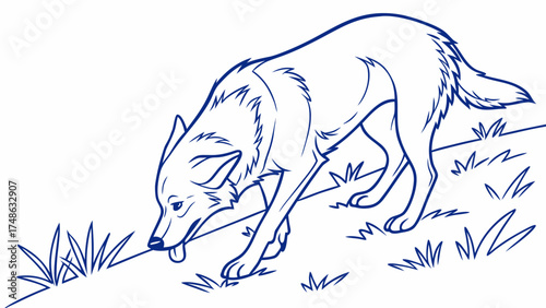 Playful Dog Sniffing the Grass - Vector Illustration in Nature Environment