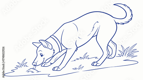 Dog Sniffing Ground in Grass, Illustration, Outdoors, Playful Environment, Side View, Animal Behavior