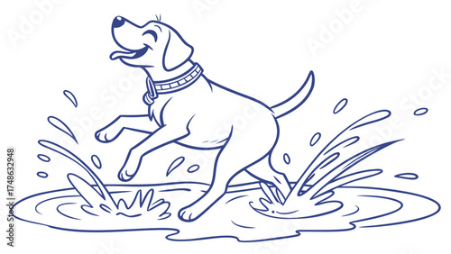Playful Dog Splashing in Water, Outdoor Fun, Graphic Illustration, Joyful Environment, Side View, Pet Happiness
