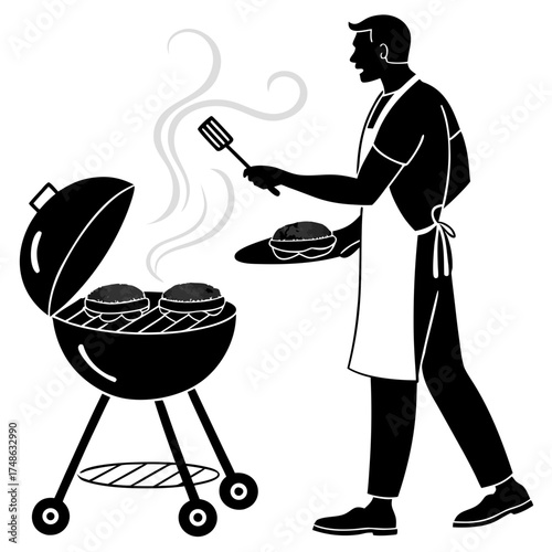Man grilling burgers on a barbecue, perfect for summer cookouts and family gatherings, ready to serve delicious food