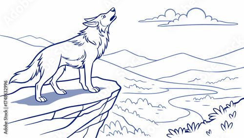 Dog Howling on Cliff Edge, Scenic Landscape, Line Art Illustration under Open Sky