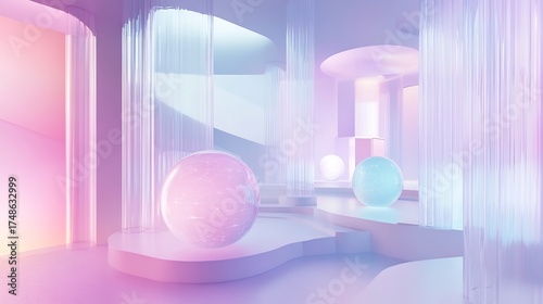 Surreal futuristic interior with glowing spheres and pastel lighting