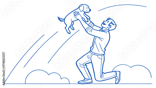 Man Lifts Adorable Puppy Outdoors, Illustration, Cheerful Environment, Playful Viewpoint