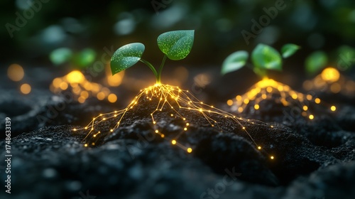 Young plant sprouts with glowing roots in dark soil, concept of growth
